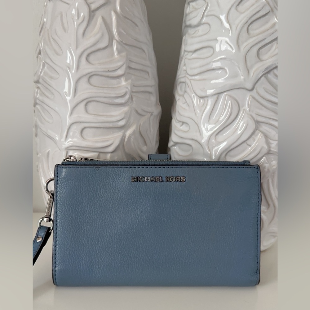Michael Kors Dusty Blue Leather Zip Wristlet Wallet